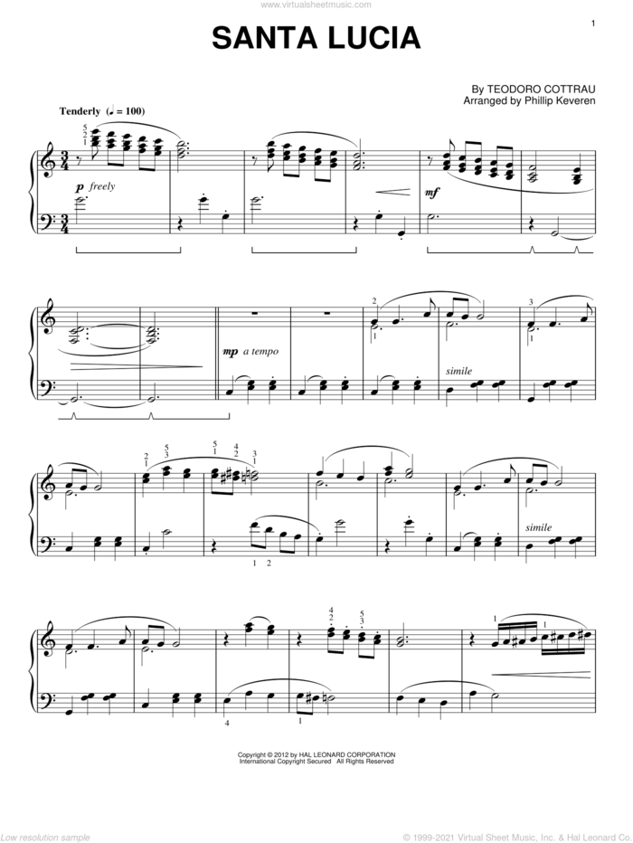 Santa Lucia (arr. Phillip Keveren) sheet music for piano solo by Teodoro Cottrau and Phillip Keveren, intermediate skill level