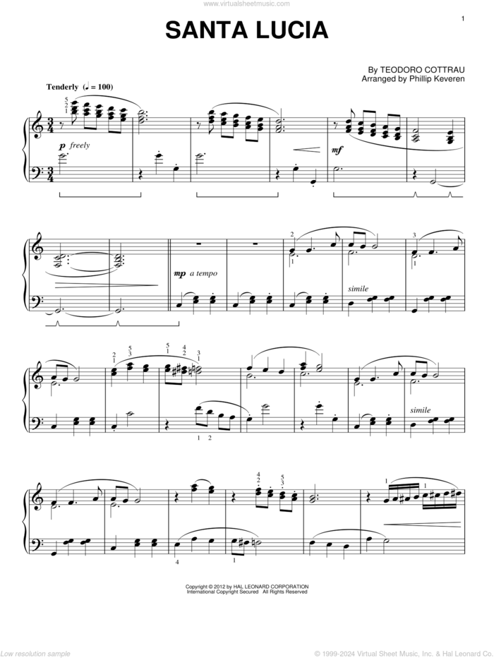 Santa Lucia (arr. Phillip Keveren) sheet music for piano solo by Teodoro Cottrau and Phillip Keveren, intermediate skill level