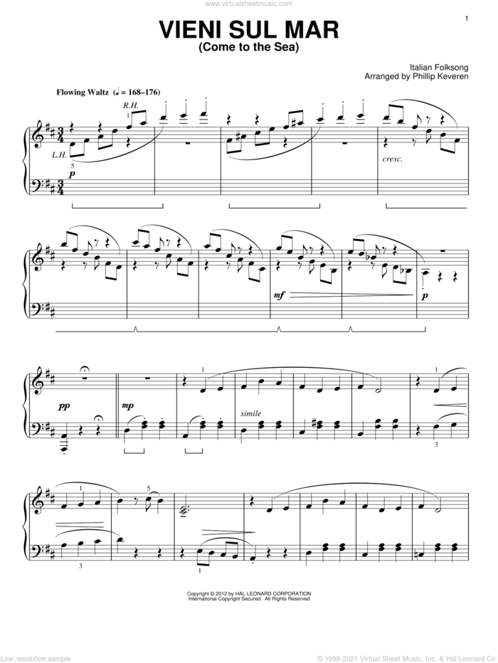 Vieni Sul Mar (arr. Phillip Keveren) sheet music for piano solo  and Phillip Keveren, intermediate skill level