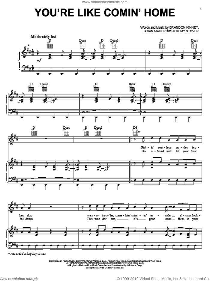 You're Like Comin' Home sheet music for voice, piano or guitar by Lonestar, Brandon Kinney, Brian Maher and Jeremy Stover, intermediate skill level