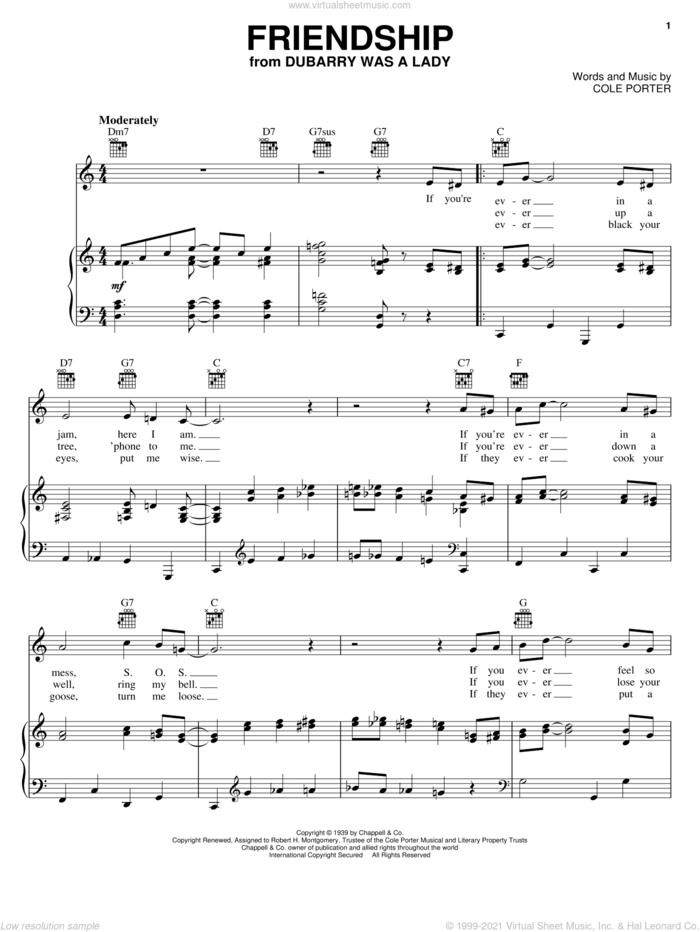 Friendship sheet music for voice, piano or guitar by Cole Porter, intermediate skill level