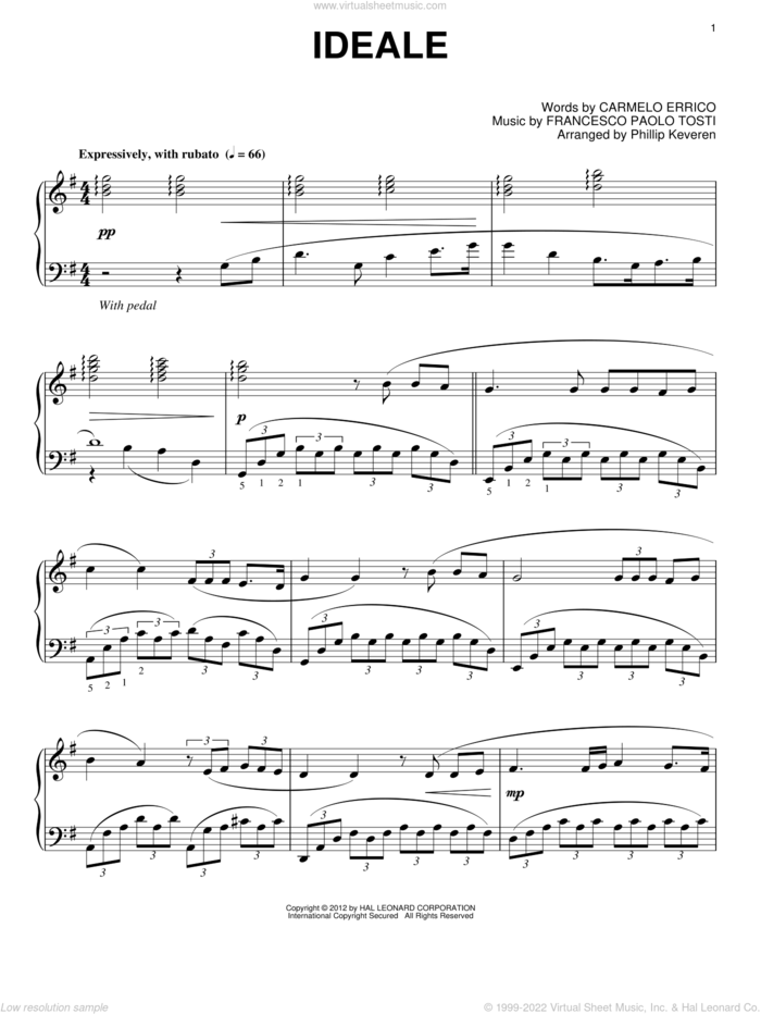 Ideale (arr. Phillip Keveren) sheet music for piano solo by Francesco Paolo Tosti, Phillip Keveren and Carmelo Errico, classical score, intermediate skill level