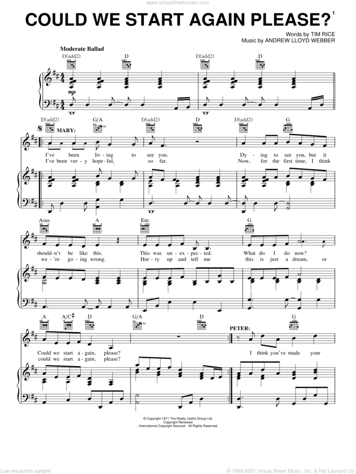 Could We Start Again Please? sheet music for voice, piano or guitar by Andrew Lloyd Webber, Jesus Christ Superstar (Musical) and Tim Rice, intermediate skill level