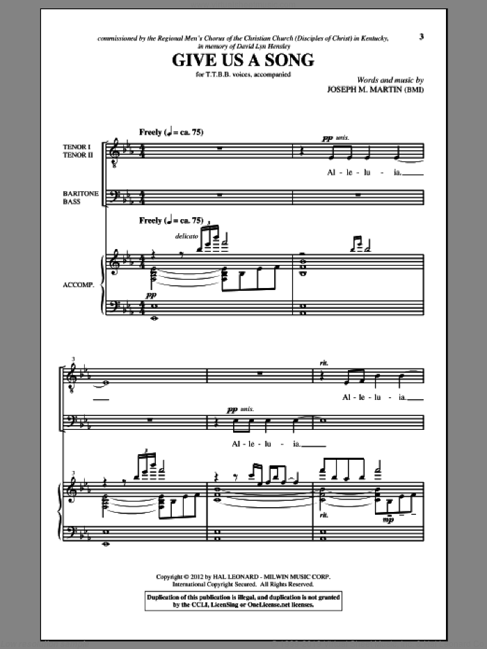 Give Us A Song sheet music for choir (TTBB: tenor, bass) by Joseph M. Martin, intermediate skill level