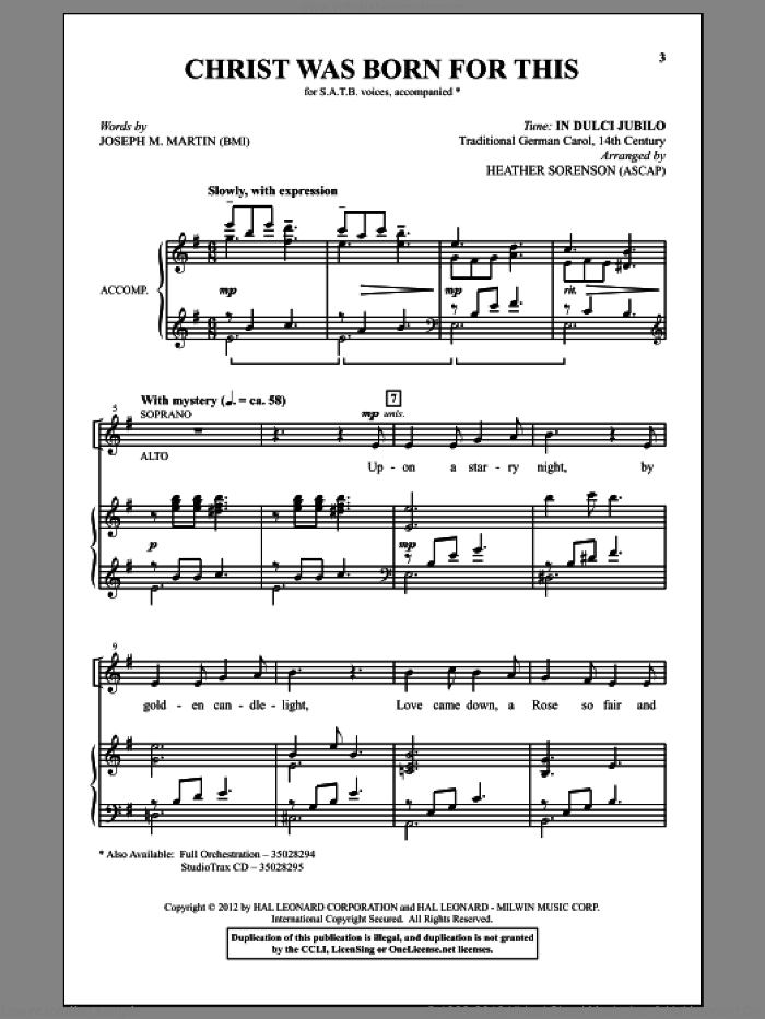 Christ Was Born For This sheet music for choir (SATB: soprano, alto, tenor, bass) by Heather Sorenson and Joseph M. Martin, intermediate skill level