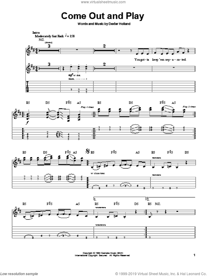 Come Out And Play sheet music for guitar (tablature, play-along) by The Offspring and Dexter Holland, intermediate skill level