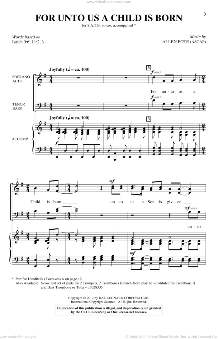 For Unto Us A Child Is Born sheet music for choir (SATB: soprano, alto, tenor, bass) by Allen Pote, intermediate skill level
