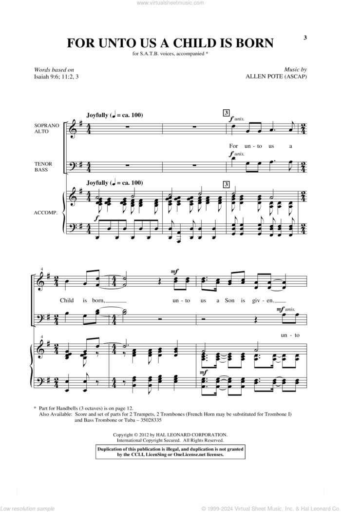 For Unto Us A Child Is Born sheet music for choir (SATB: soprano, alto, tenor, bass) by Allen Pote, intermediate skill level