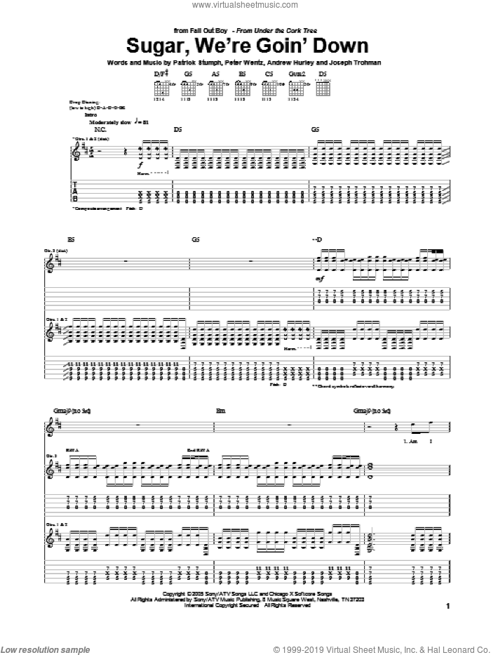 Sugar, We're Goin' Down sheet music for guitar (tablature) by Fall Out Boy, Andrew Hurley, Joseph Trohman, Patrick Stumph and Peter Wentz, intermediate skill level