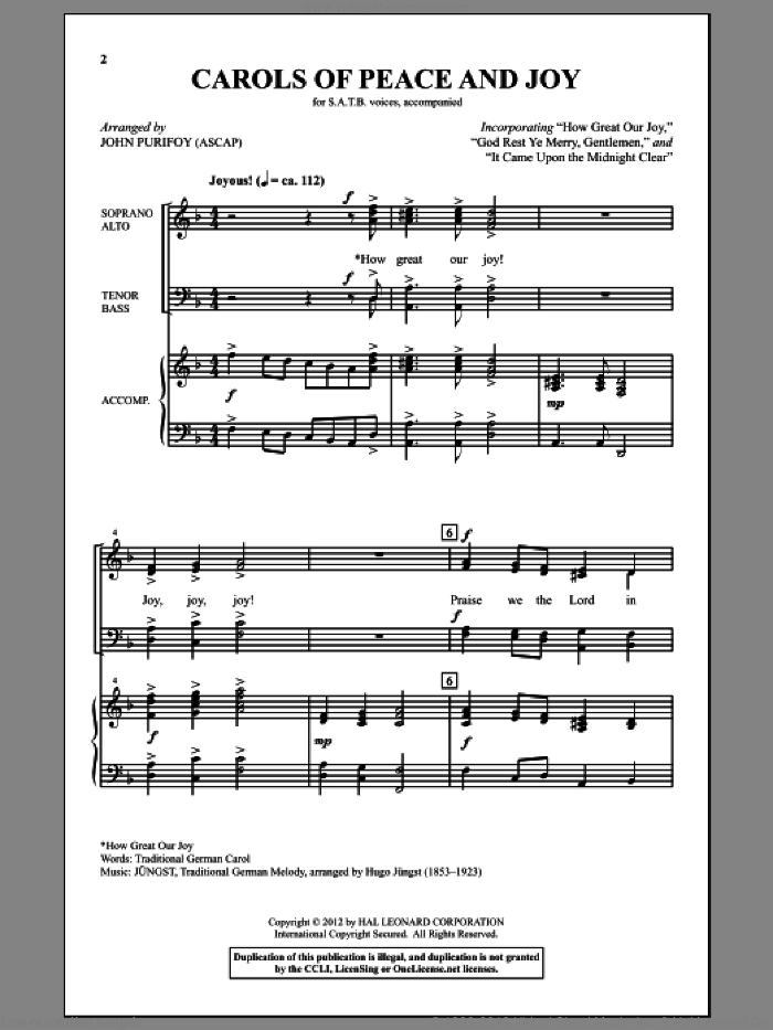 Carols Of Peace And Joy sheet music for choir (SATB: soprano, alto, tenor, bass) by John Purifoy, intermediate skill level