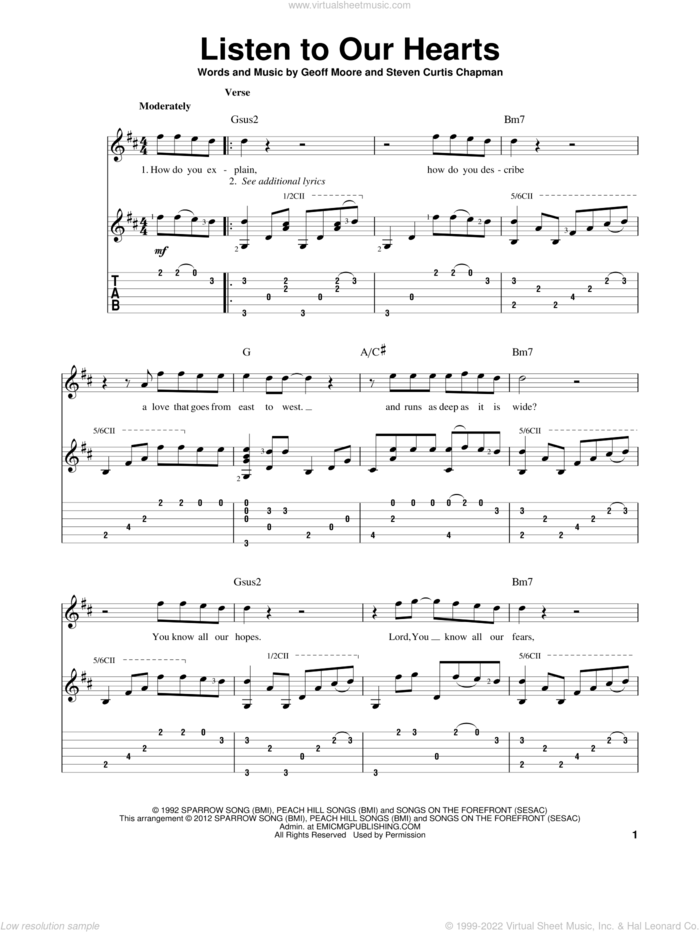 Listen To Our Hearts sheet music for guitar solo by Geoff Moore & The Distance, Geoff Moore and Steven Curtis Chapman, wedding score, intermediate skill level