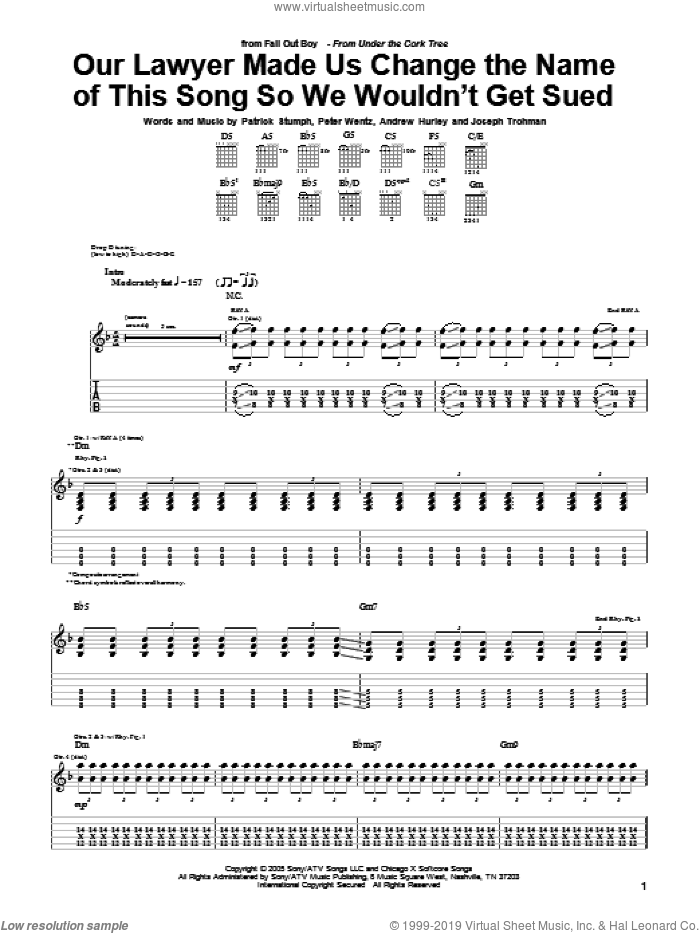 Our Lawyer Made Us Change The Name Of This Song So We Wouldn't Get Sued sheet music for guitar (tablature) by Fall Out Boy, Andrew Hurley, Joseph Trohman, Patrick Stumph and Peter Wentz, intermediate skill level