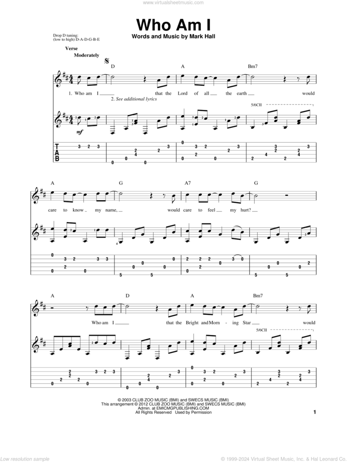 Who Am I sheet music for guitar solo by Casting Crowns and Mark Hall, intermediate skill level