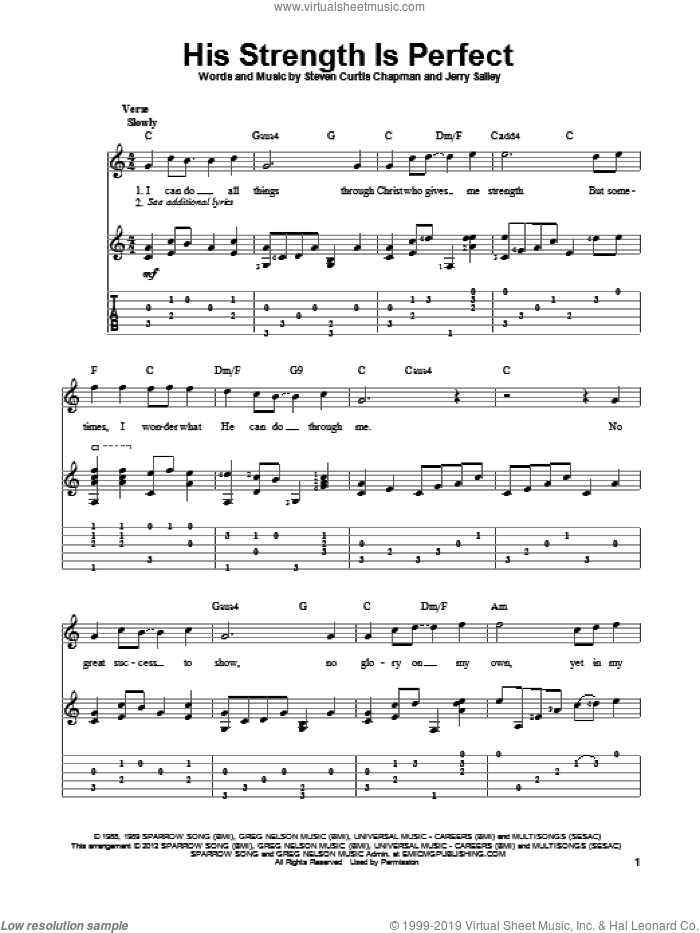 His Strength Is Perfect sheet music for guitar solo by Steven Curtis Chapman and Jerry Salley, intermediate skill level