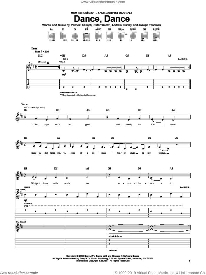 Dance, Dance sheet music for guitar (tablature) by Fall Out Boy, Andrew Hurley, Joseph Trohman, Patrick Stumph and Peter Wentz, intermediate skill level