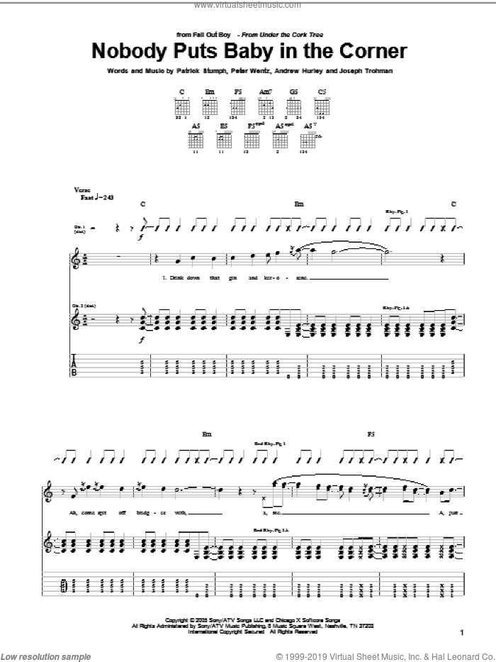 Nobody Puts Baby In The Corner sheet music for guitar (tablature) by Fall Out Boy, Andrew Hurley, Joseph Trohman, Patrick Stumph and Peter Wentz, intermediate skill level