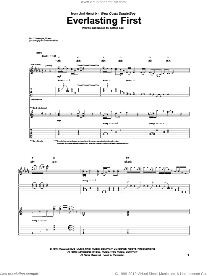 Everlasting First sheet music for guitar (tablature) by Jimi Hendrix and Arthur Lee, intermediate skill level