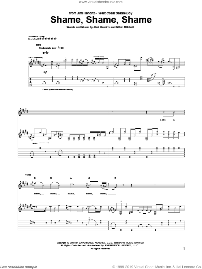 Shame, Shame, Shame sheet music for guitar (tablature) by Jimi Hendrix and Mitch Mitchell, intermediate skill level