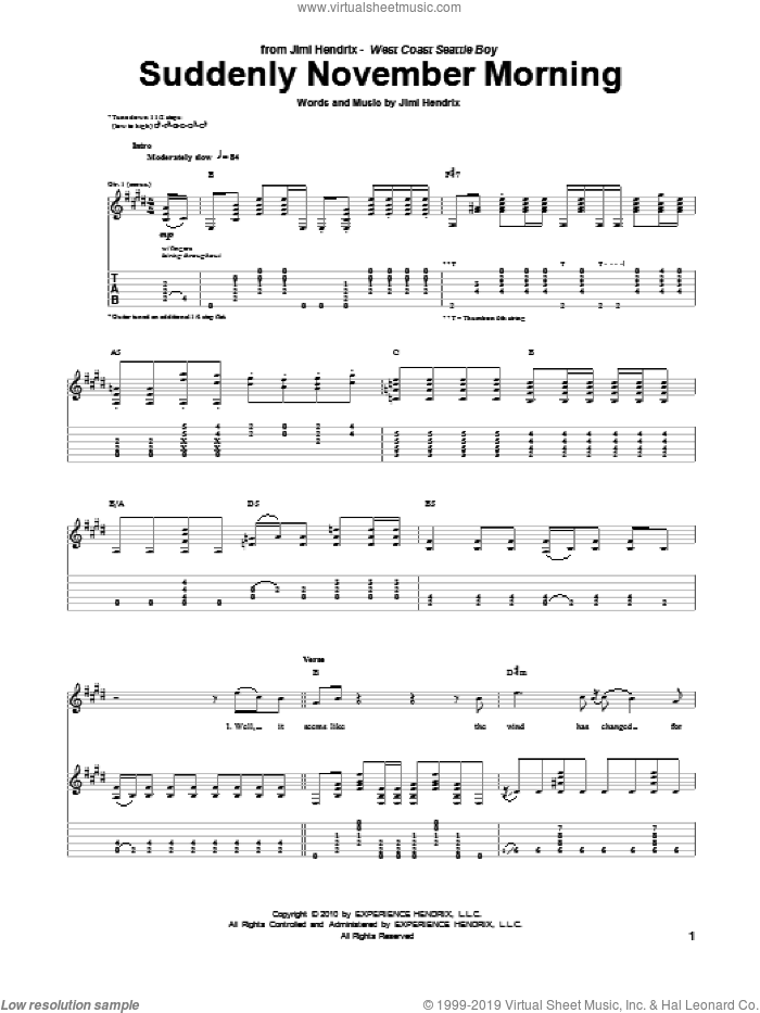 Suddenly November Morning sheet music for guitar (tablature) by Jimi Hendrix, intermediate skill level