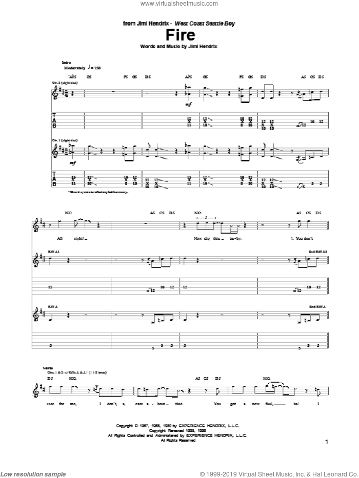 Fire sheet music for guitar (tablature) by Jimi Hendrix, intermediate skill level