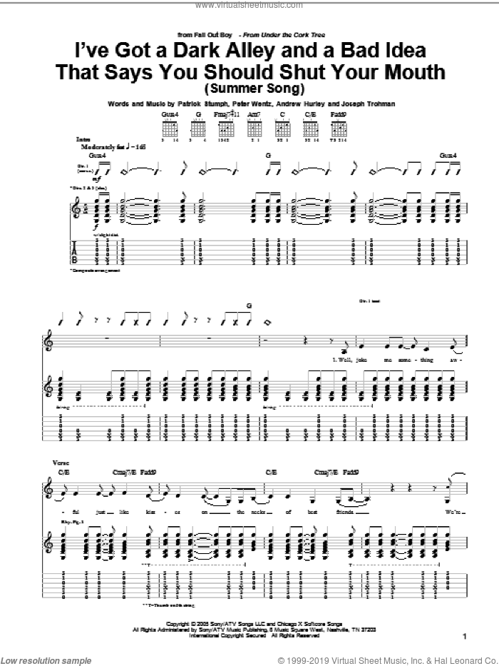 I've Got A Dark Alley And A Bad Idea That Says You Should Shut Your Mouth (Summer Song) sheet music for guitar (tablature) by Fall Out Boy, Andrew Hurley, Joseph Trohman, Patrick Stumph and Peter Wentz, intermediate skill level