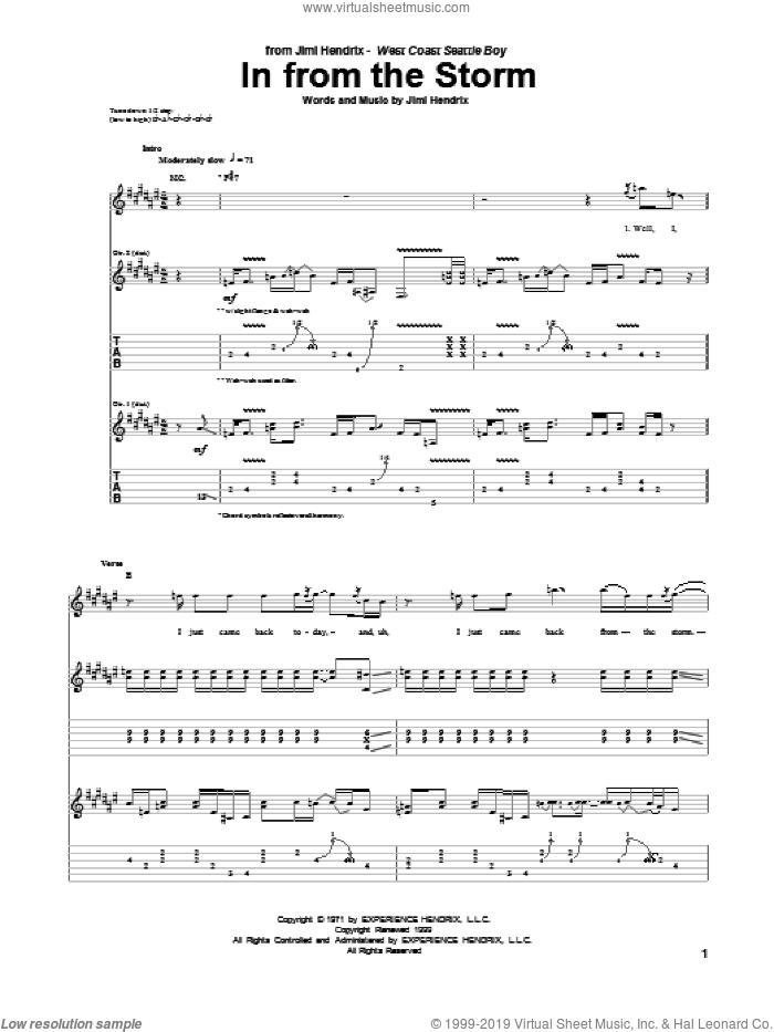 In From The Storm sheet music for guitar (tablature) by Jimi Hendrix, intermediate skill level