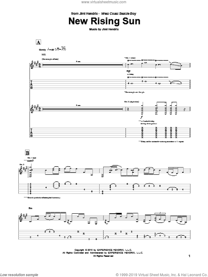 The New Rising Sun sheet music for guitar (tablature) by Jimi Hendrix, intermediate skill level