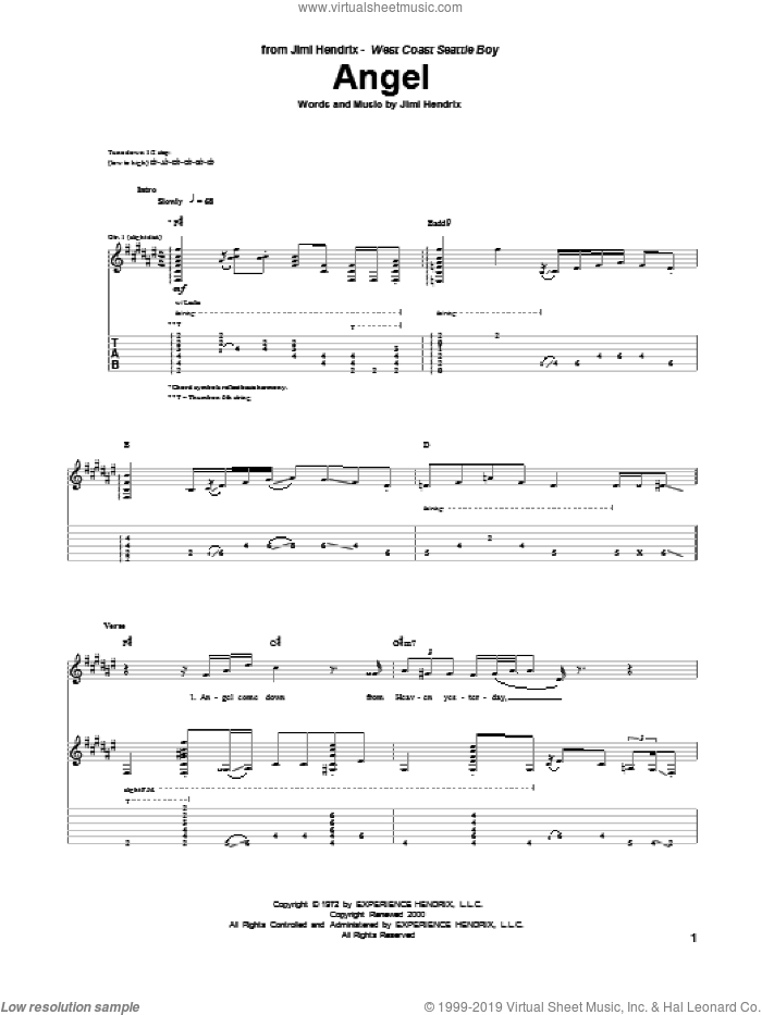 Angel sheet music for guitar (tablature) by Jimi Hendrix, intermediate skill level