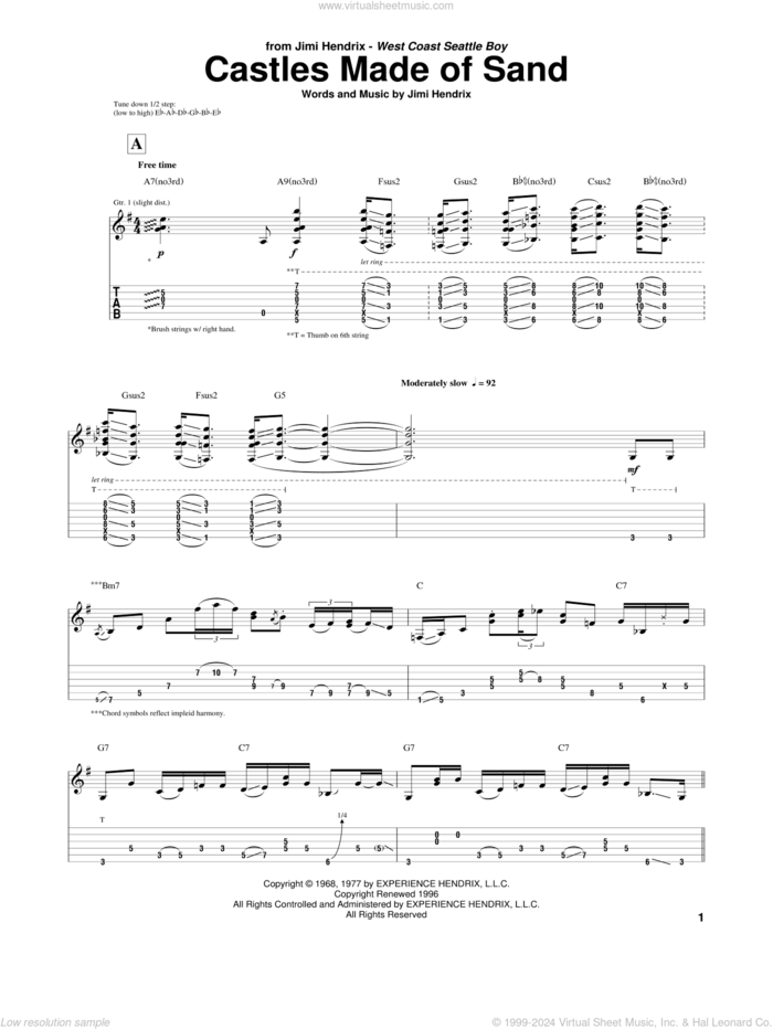 Castles Made Of Sand sheet music for guitar (tablature) by Jimi Hendrix, intermediate skill level