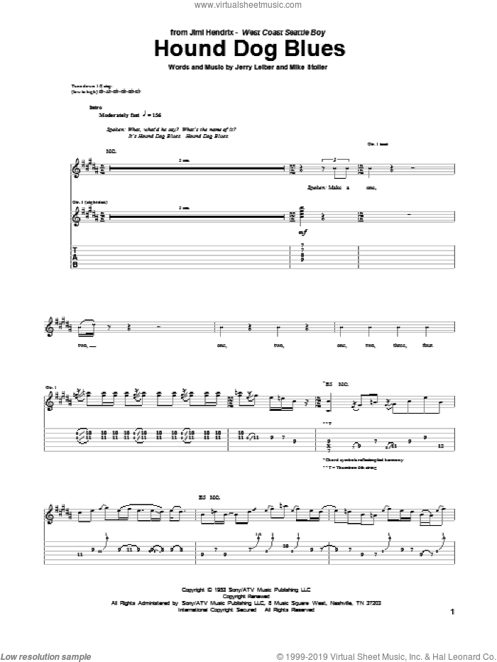 Hound Dog Blues sheet music for guitar (tablature) by Jimi Hendrix, Jerry Leiber and Mike Stoller, intermediate skill level