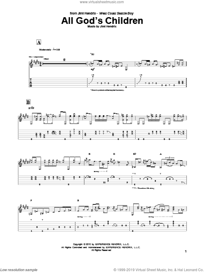 All God's Children sheet music for guitar (tablature) by Jimi Hendrix, intermediate skill level