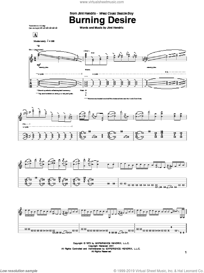 Burning Desire sheet music for guitar (tablature) by Jimi Hendrix, intermediate skill level