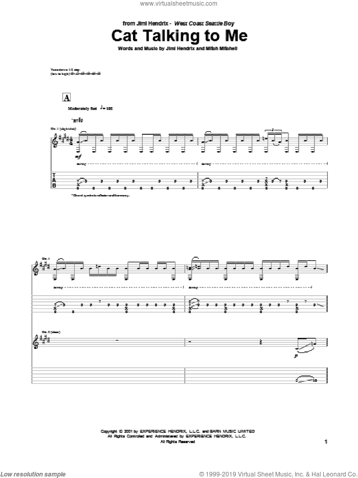 Cat Talking To Me sheet music for guitar (tablature) by Jimi Hendrix and Mitch Mitchell, intermediate skill level