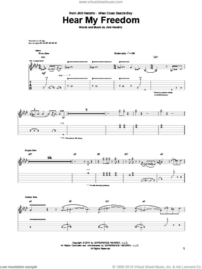 Hear My Freedom sheet music for guitar (tablature) by Jimi Hendrix, intermediate skill level