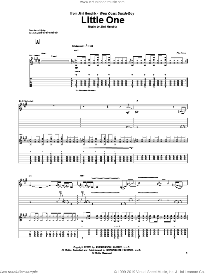 Little One sheet music for guitar (tablature) by Jimi Hendrix, intermediate skill level