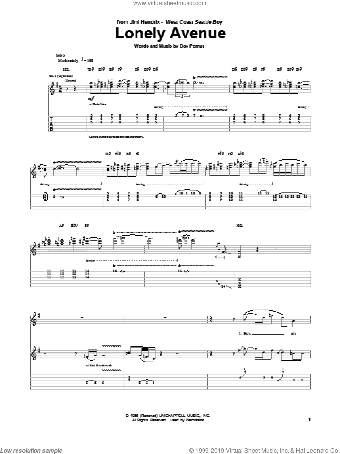 Lonely Avenue sheet music for guitar (tablature) by Jimi Hendrix, Doc Pomus and Jerome Pomus, intermediate skill level