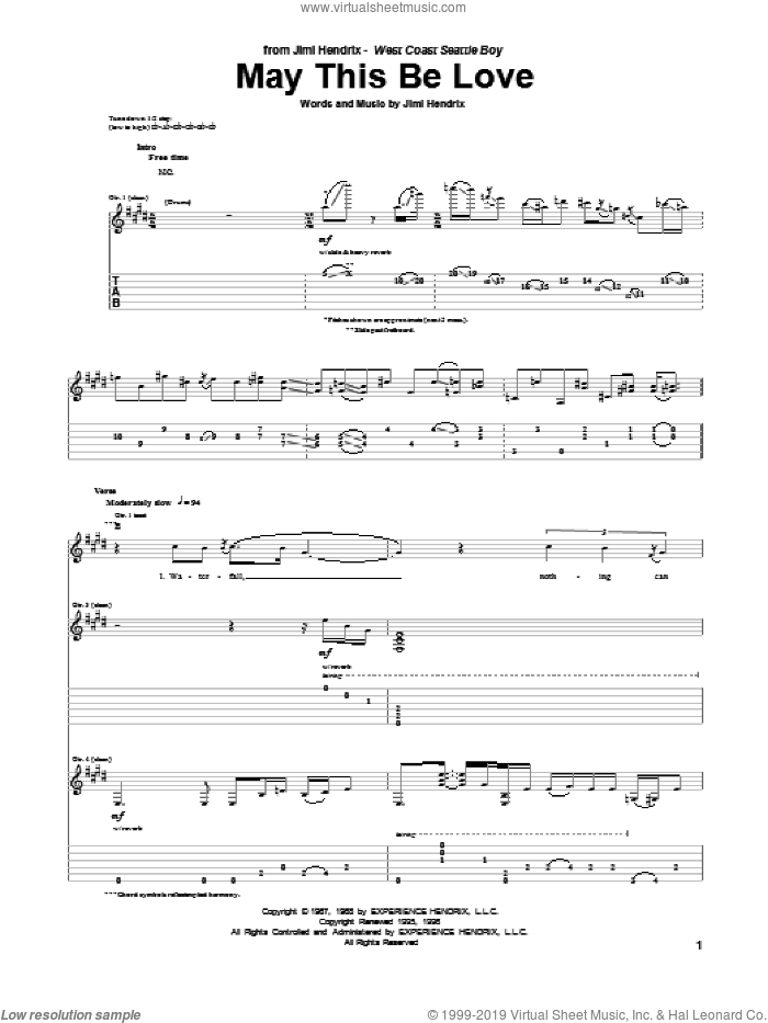 May This Be Love sheet music for guitar (tablature) by Jimi Hendrix, intermediate skill level