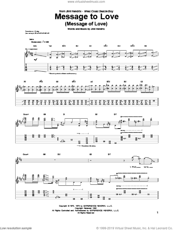 Message To Love (Message Of Love) sheet music for guitar (tablature) by Jimi Hendrix, intermediate skill level