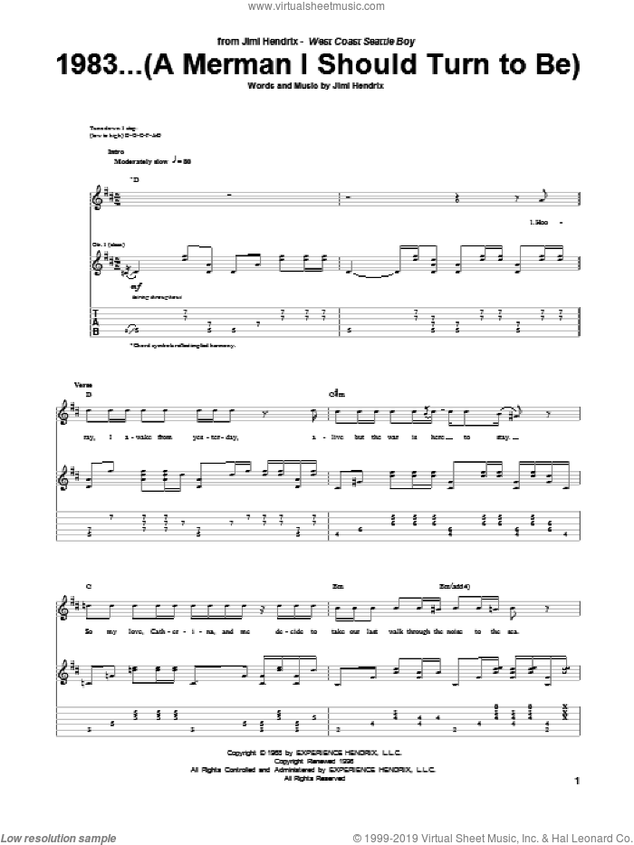 1983...(A Merman I Should Turn To Be) sheet music for guitar (tablature) by Jimi Hendrix, intermediate skill level