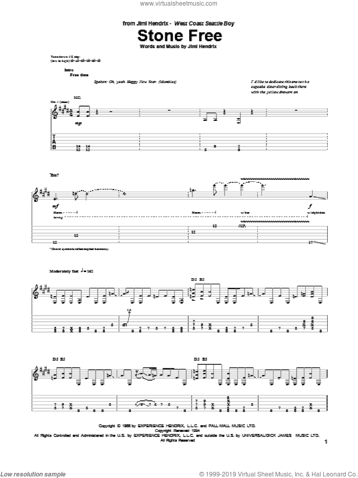 Stone Free sheet music for guitar (tablature) by Jimi Hendrix, intermediate skill level