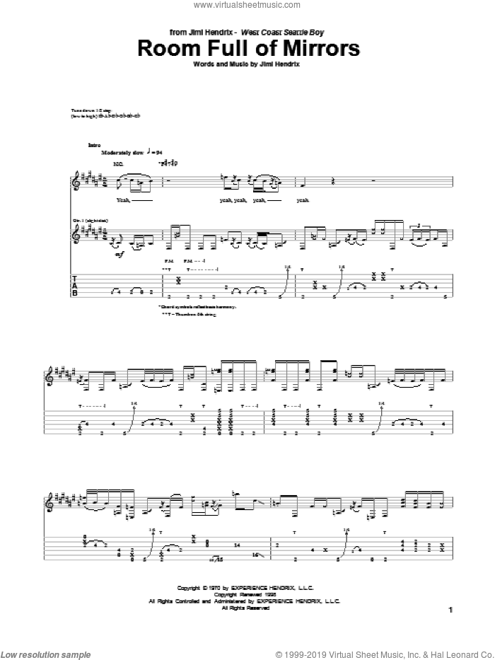 Room Full Of Mirrors sheet music for guitar (tablature) by Jimi Hendrix, intermediate skill level
