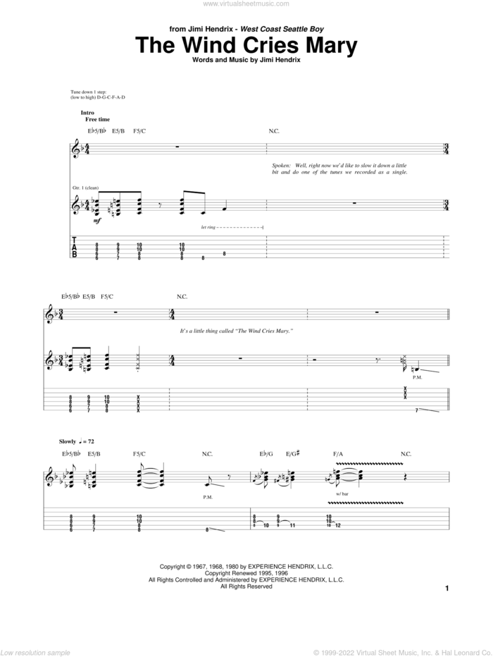 The Wind Cries Mary sheet music for guitar (tablature) by Jimi Hendrix, intermediate skill level