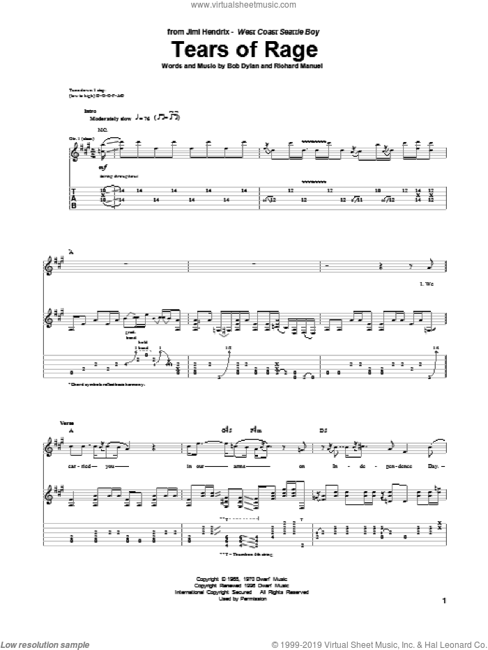 Tears Of Rage sheet music for guitar (tablature) by Jimi Hendrix, Bob Dylan and Richard Manuel, intermediate skill level