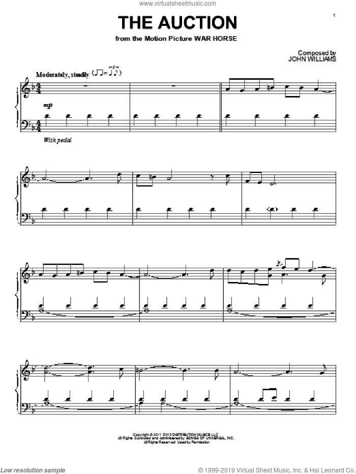 The Auction sheet music for piano solo by John Williams and War Horse (Movie), intermediate skill level