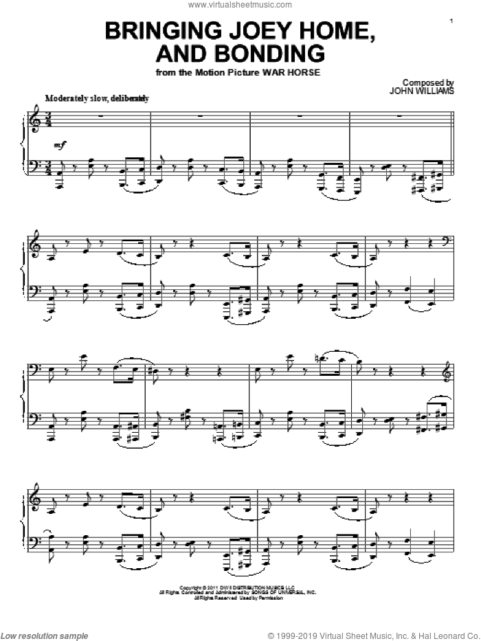 Bringing Joey Home, And Bonding sheet music for piano solo by John Williams and War Horse (Movie), intermediate skill level