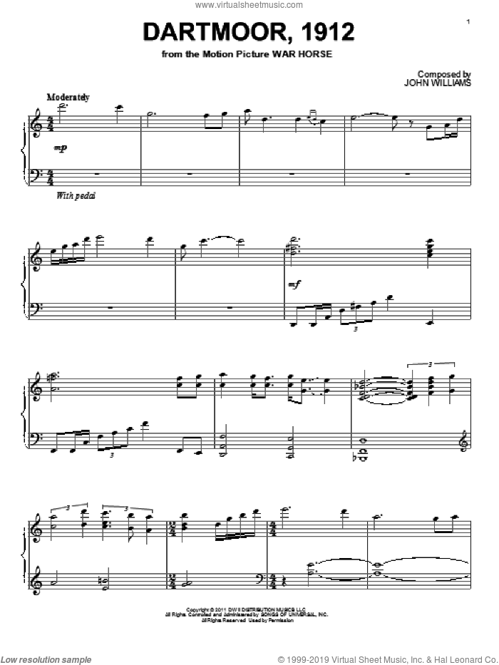 Dartmoor, 1912 sheet music for piano solo by John Williams and War Horse (Movie), intermediate skill level