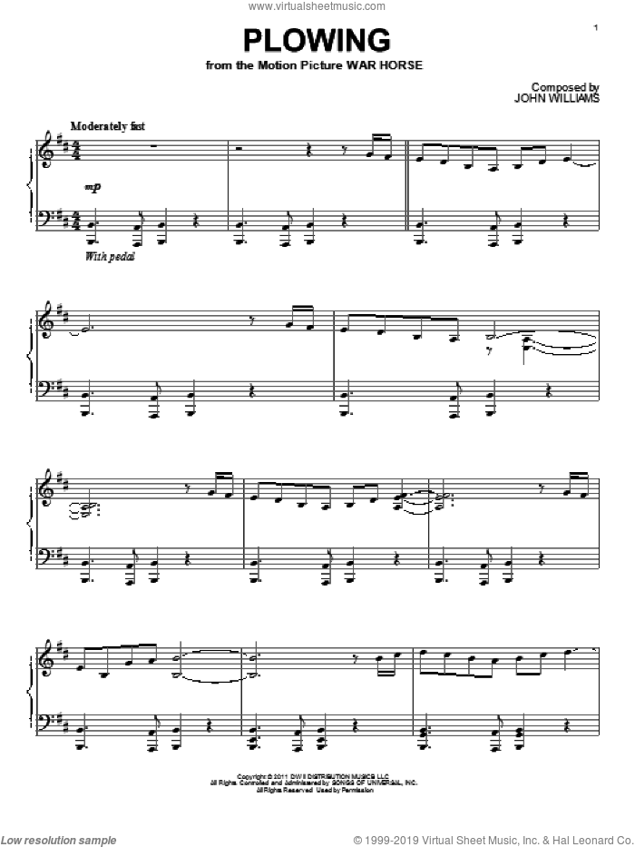 Plowing sheet music for piano solo by John Williams and War Horse (Movie), intermediate skill level