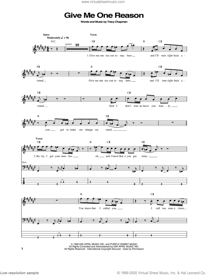 Give Me One Reason sheet music for bass (tablature) (bass guitar) by Tracy Chapman, intermediate skill level