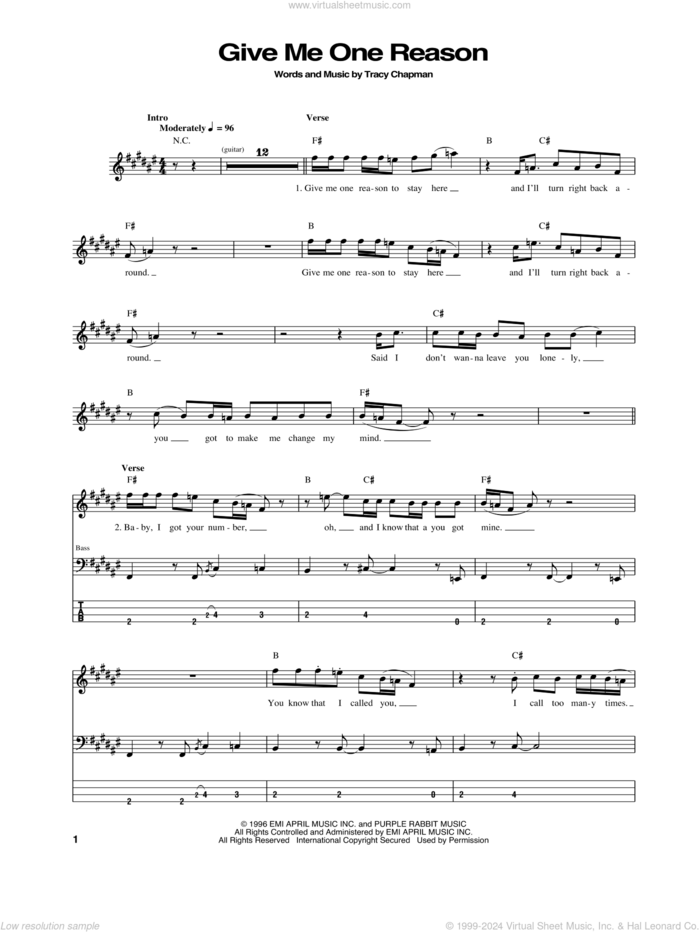 Give Me One Reason sheet music for bass (tablature) (bass guitar) by Tracy Chapman, intermediate skill level