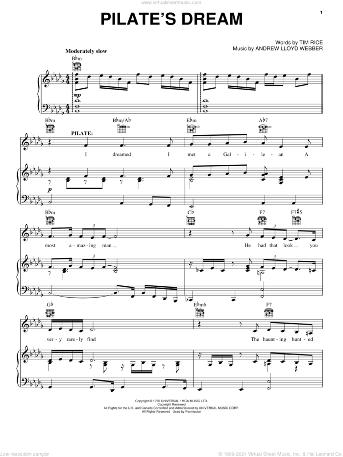 Pilate's Dream sheet music for voice, piano or guitar by Andrew Lloyd Webber, Jesus Christ Superstar (Musical) and Tim Rice, intermediate skill level